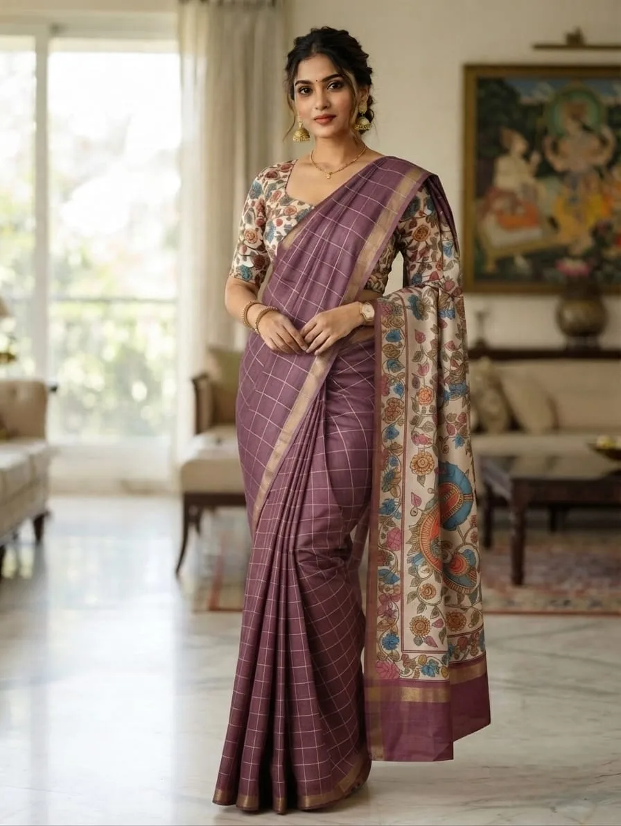 Kalamkari Pallu Checks Linen Cotton Saree